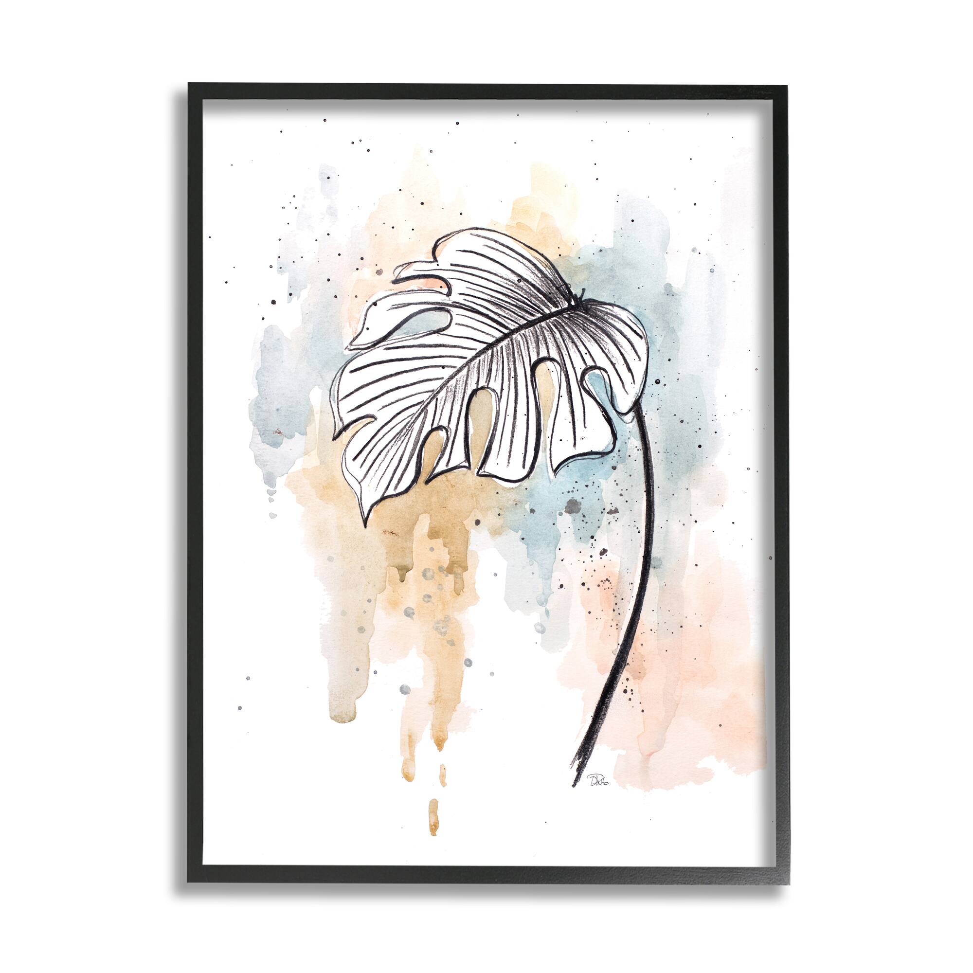 Stupell Industries Monstera Plant Stem Blue Brown Splatter Watercolor in Frame Wall Art